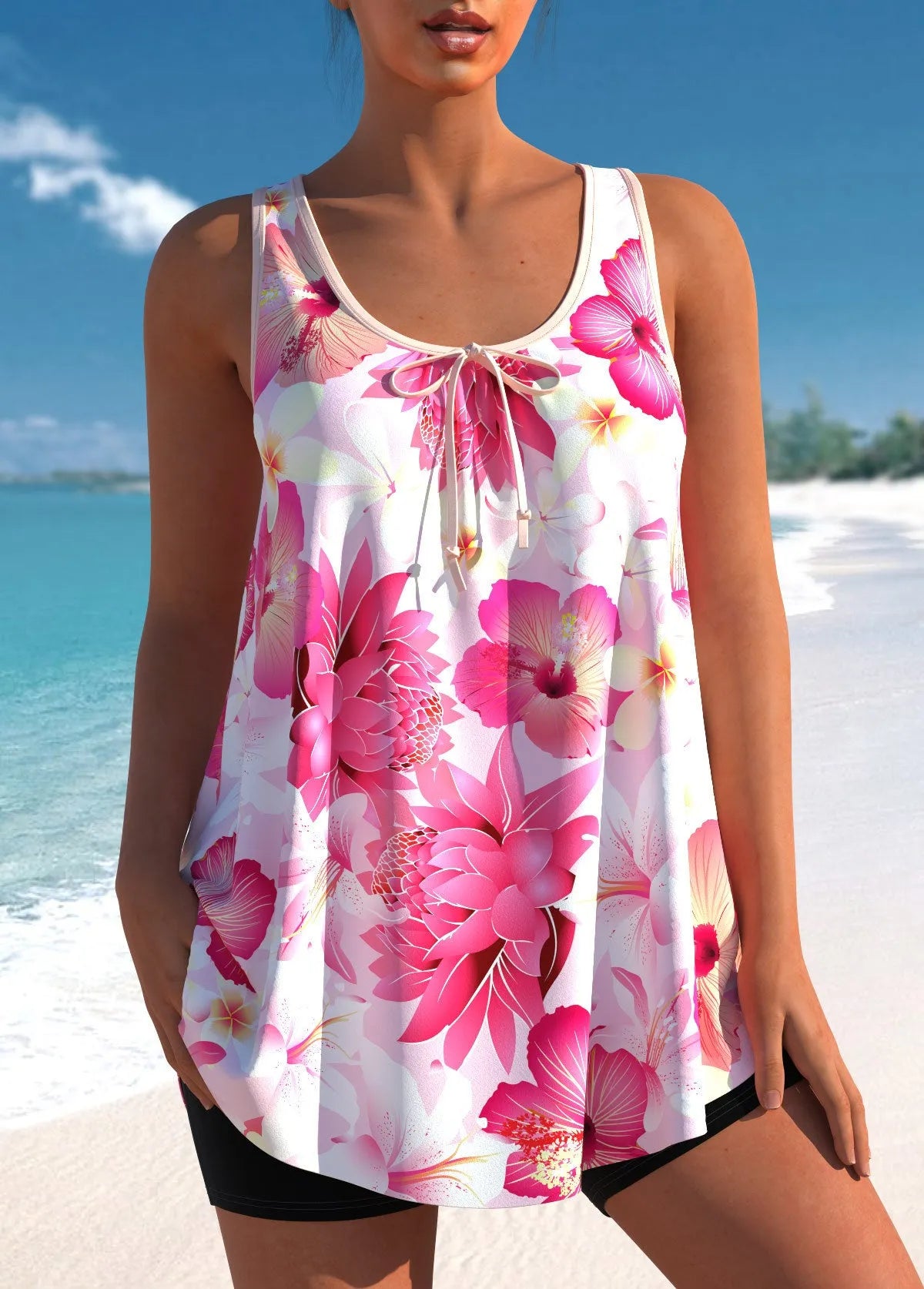 Pink printed tankini swimsuit set with high waist briefs for ladies in sizes S to 5XL