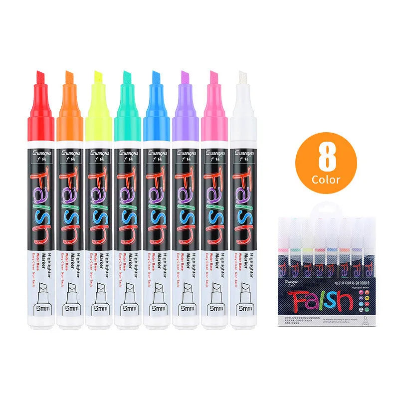 Electronic fluorescent board highlighter pen with 6mm oblique tip showing pressure valve design for whiteboard use