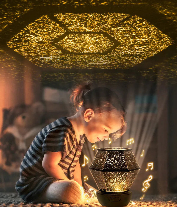 Children's LED night light projecting rotating three-colour stars onto a bedroom ceiling.