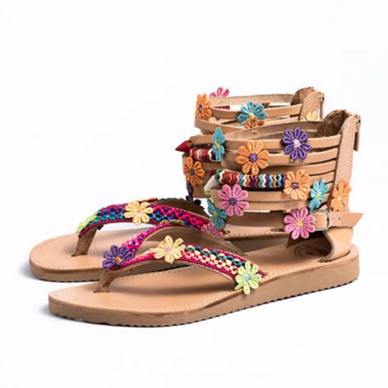 Ethnic style beaded petal sandals with floral design on PU upper, round toe Roman shoes