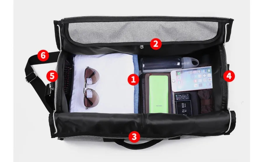 Medium-sized cylinder travel bag in red, light grey, blue, or black colour with zipper opening