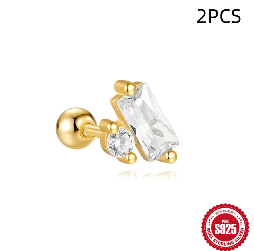 S925 sterling silver square gravel stud earring with red centre and gold plating