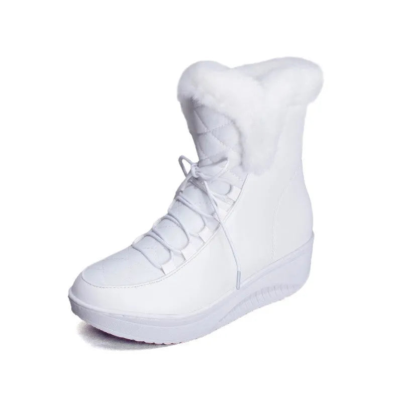 Women's black winter boots with lace-up front, platform heel and plush lining