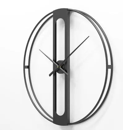 A large 50cm round metal wall clock on a wall, shown in black and gold colour variants.