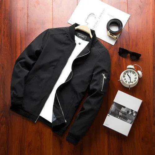 Men's slim fit casual baseball style jacket with front zipper and side pockets
