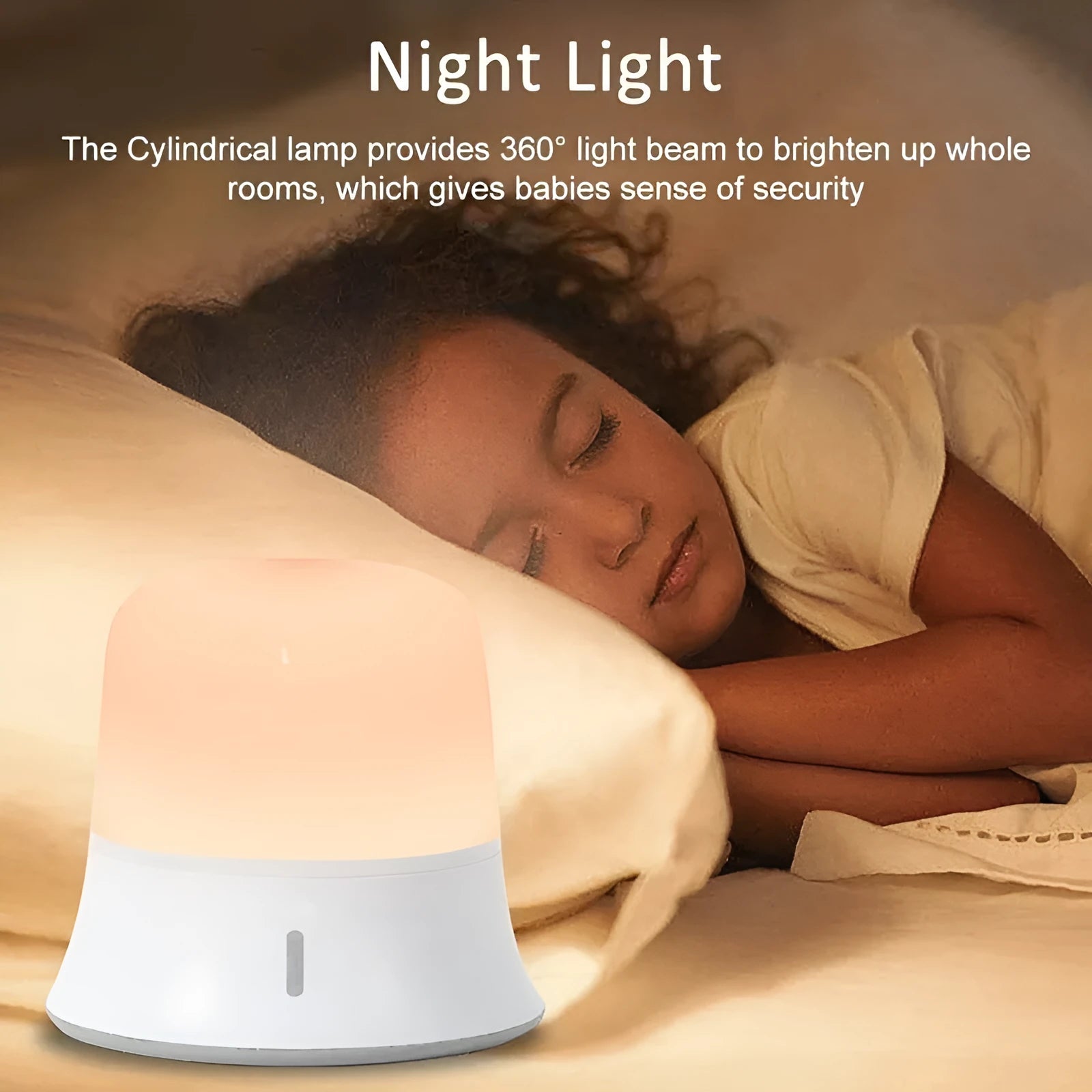 White touch-control bedside night light with rechargeable battery shown next to a USB cable.