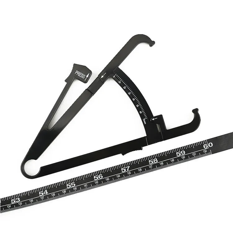 Black digital body fat calliper with sliding pointer and measurement gauge