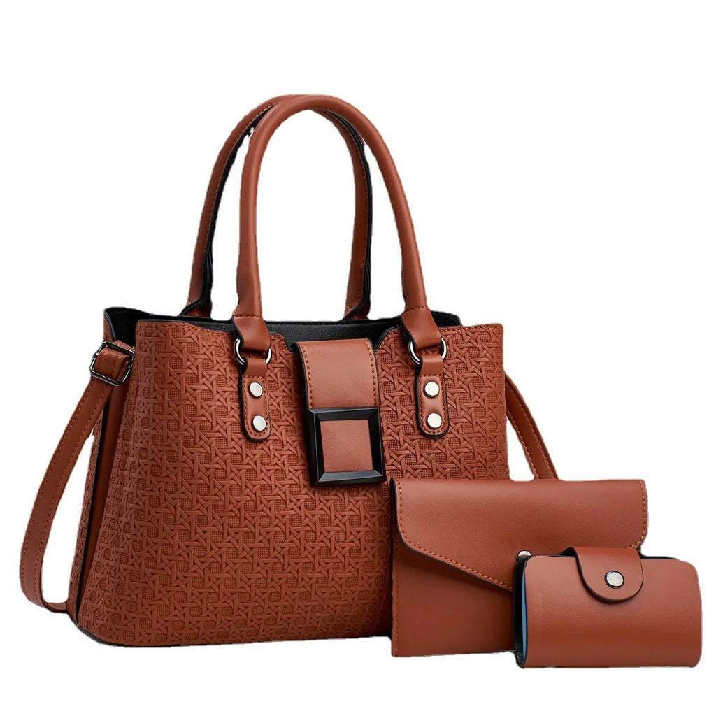 Three-piece women's crossbody bag in textured PU with square shape and open pocket