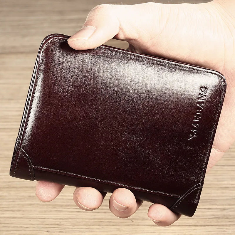 Men's leather wallet showing internal card slots, coin compartment, and document section