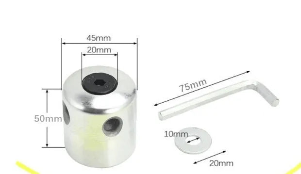 Silver aluminium lawn mower grass head accessory with four light yellow square grass ropes and installation tools