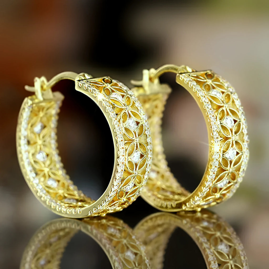 Yellow gold copper ear clips with geometric butterfly and horse eye flower design