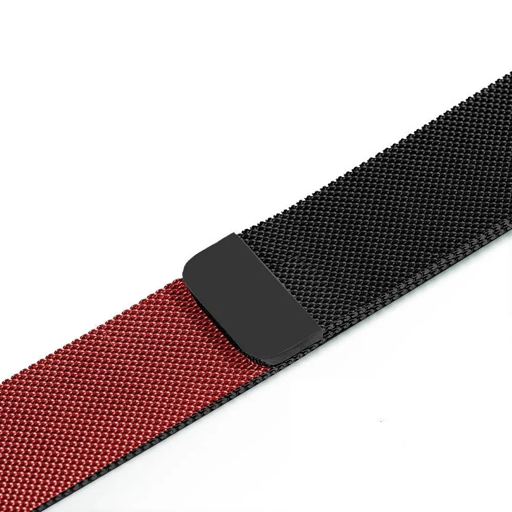 Stainless steel metal watch strap replacement band in silver, black, gold, and rose gold colours.