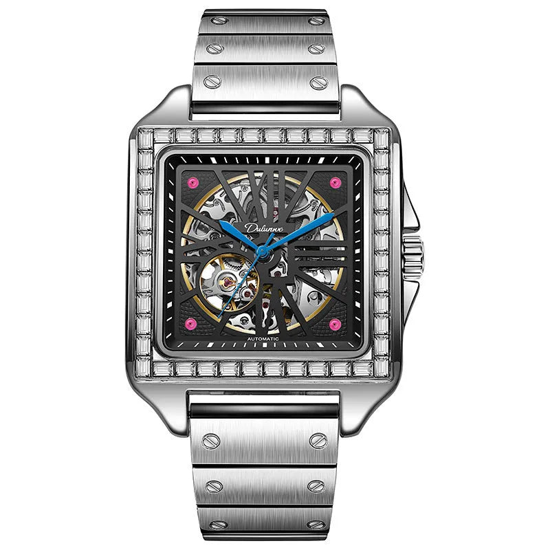 Men's square automatic watch with diamond-studded bezel on steel or leather strap