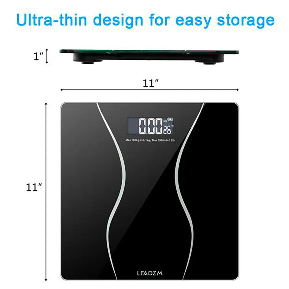 Black electronic digital bathroom scale with 180kg capacity for weight measurement