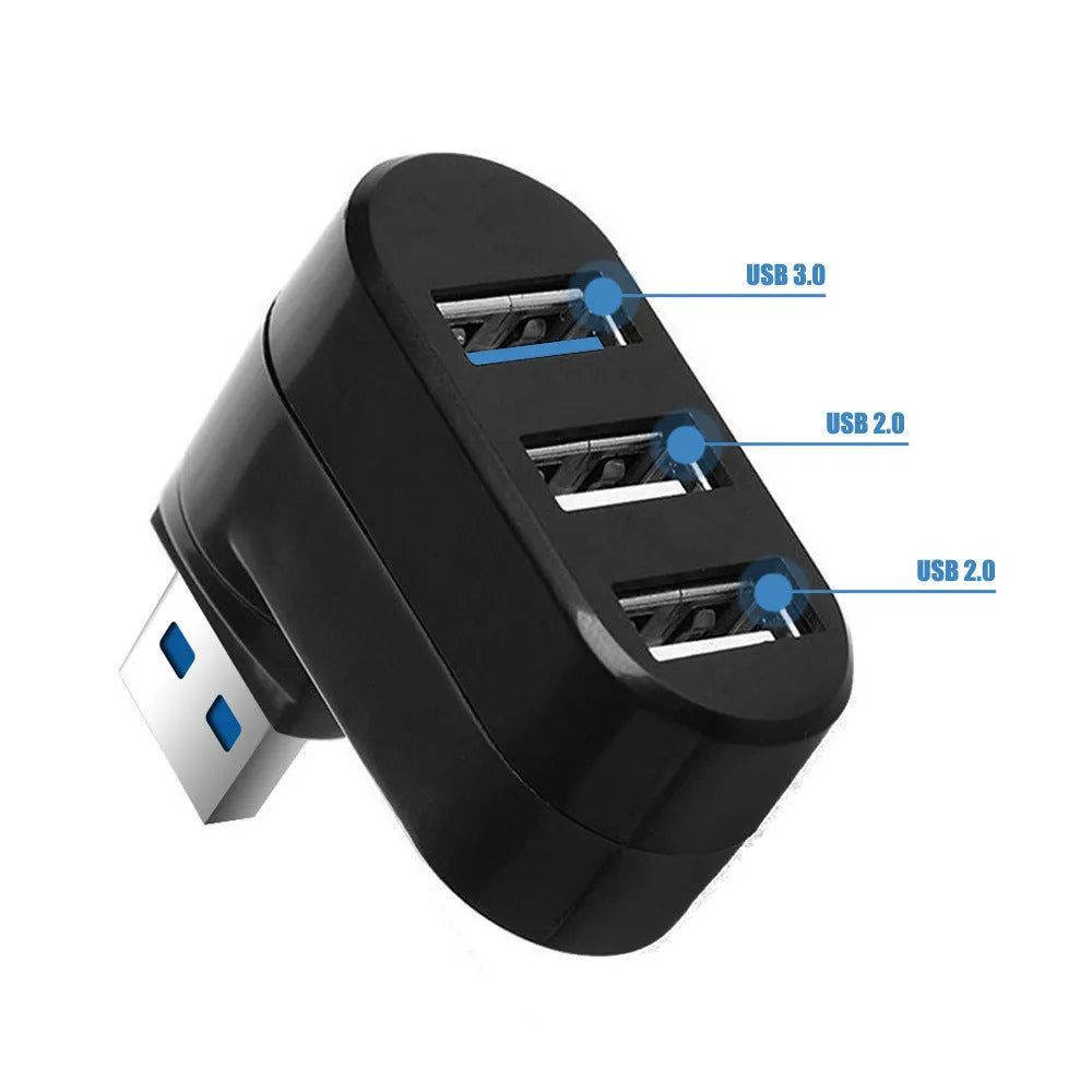 Black and white USB rotary splitter hub with four ports on a rotating ABS plastic base.