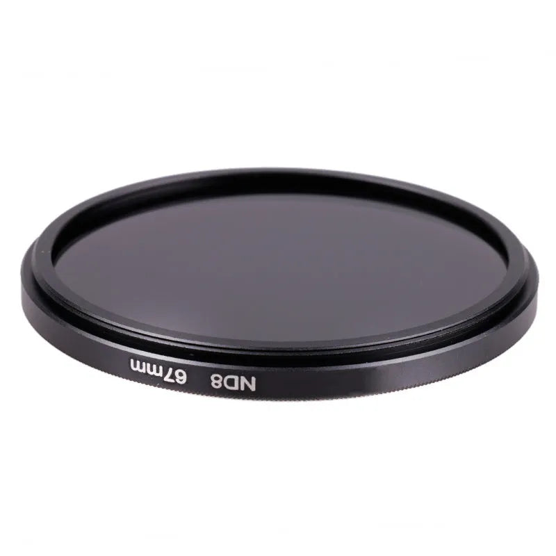 ND8 camera lens filter with aviation aluminium frame shown next to size options from 49mm to 82mm