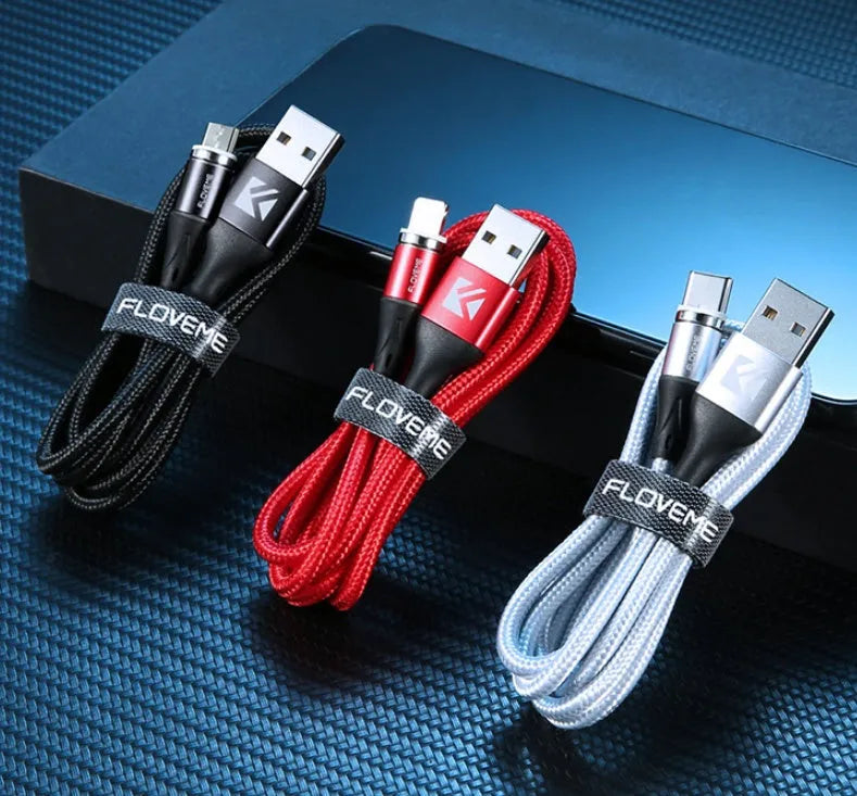 A black magnetic fast-charge data cable with LED light on the connector, next to a smartphone.