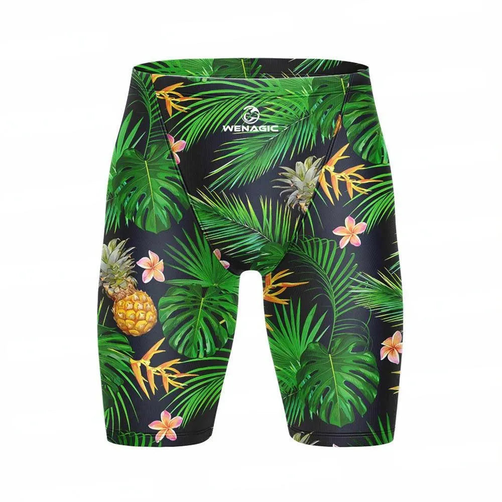 Men's Lycra swimming briefs in a pattern colour, showing the briefs style fit.