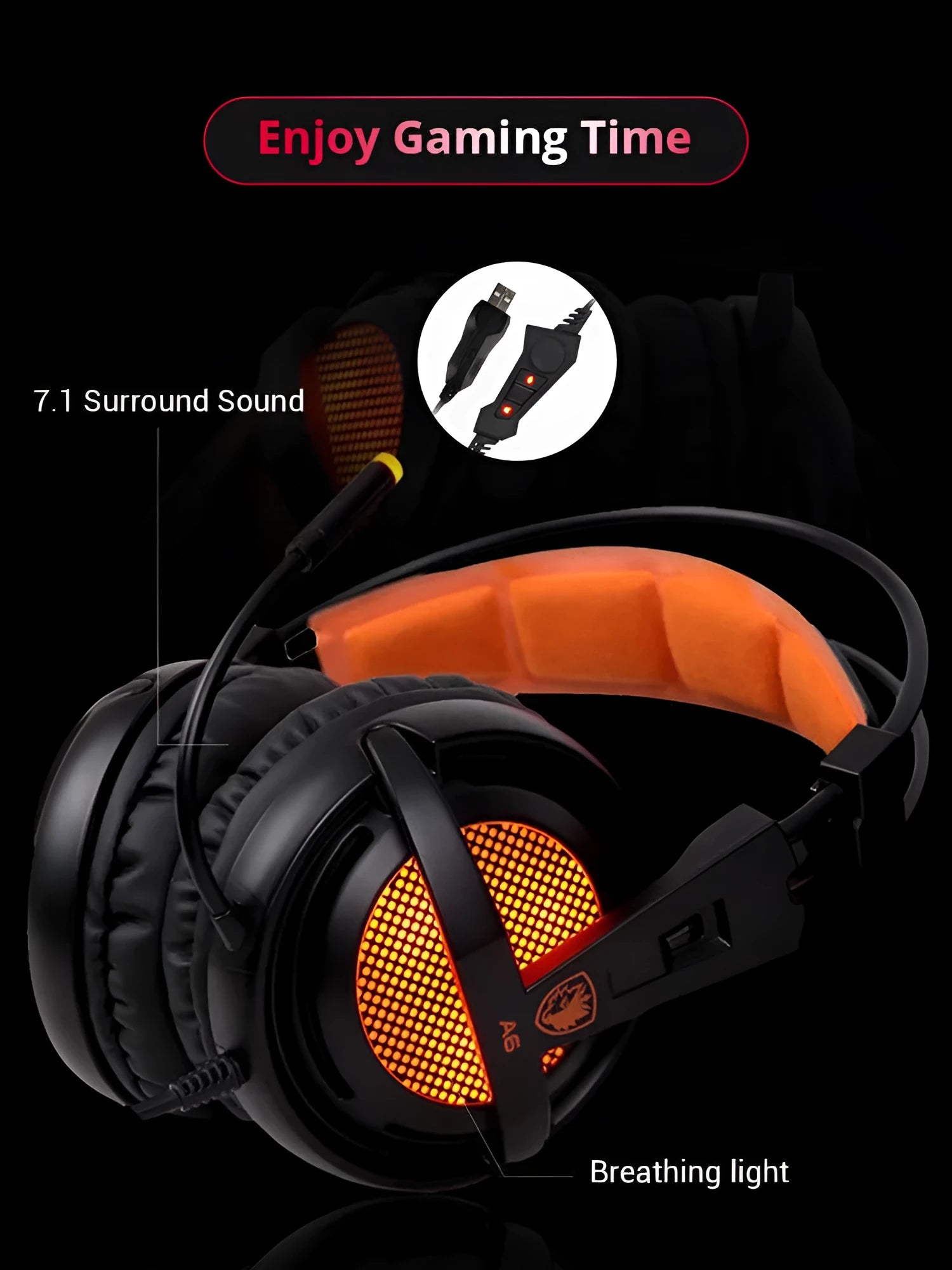 Black and white USB gaming headset with LED lights, padded headband, and large ear cushions.
