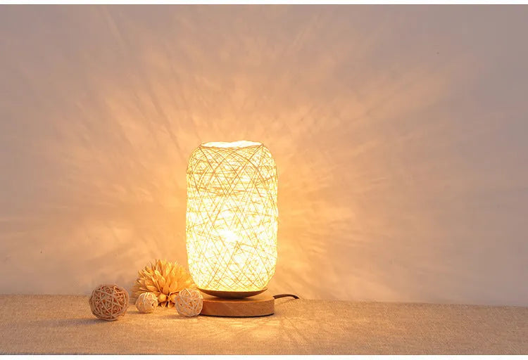 Natural hemp rope Sepak Takraw sphere desk lamp with solid wood base and USB cable