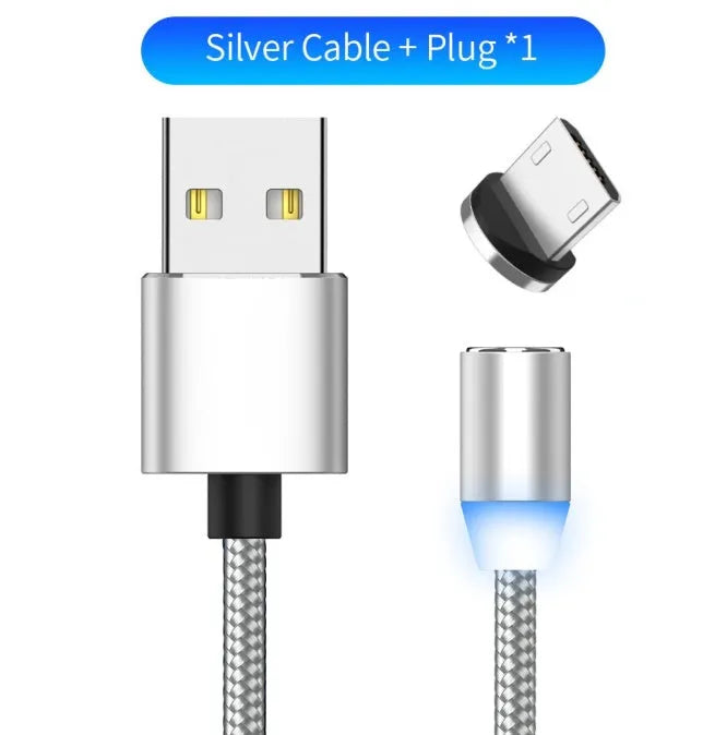 Black magnetic charging cable with LED light and aluminium connectors showing magnetic tip attachment