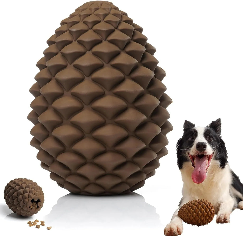 Yellow pine cone shaped indestructible dog chew toy with treat dispenser hole