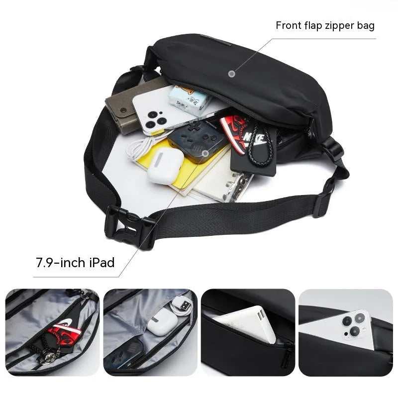 Black men's Oxford cloth messenger bag shown as a crossbody bag.
