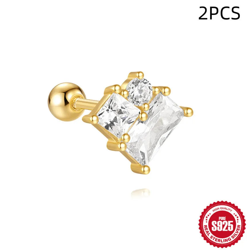 S925 sterling silver square gravel stud earring with red centre and gold plating
