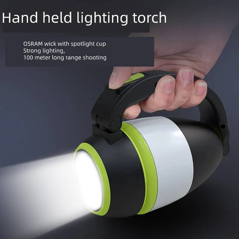 Black green foldable 3-in-1 LED lamp showing adjustable head and compact size for camping and desk use