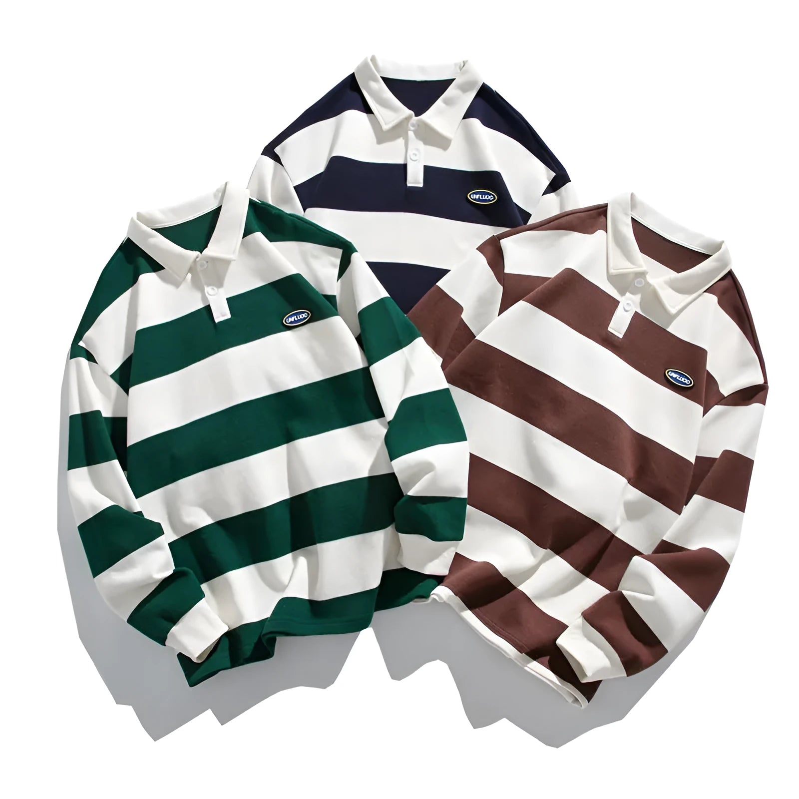 A loose-fitting, striped pearl cotton polo shirt with a lapel collar, shown in sapphire blue.