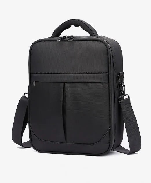 Black Oxford fabric men's messenger bag showing shoulder strap and structured shape