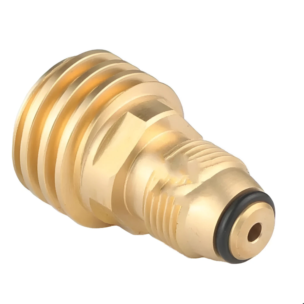 Brass gas charging adapter with taper external thread and 7mm diameter in gold colour