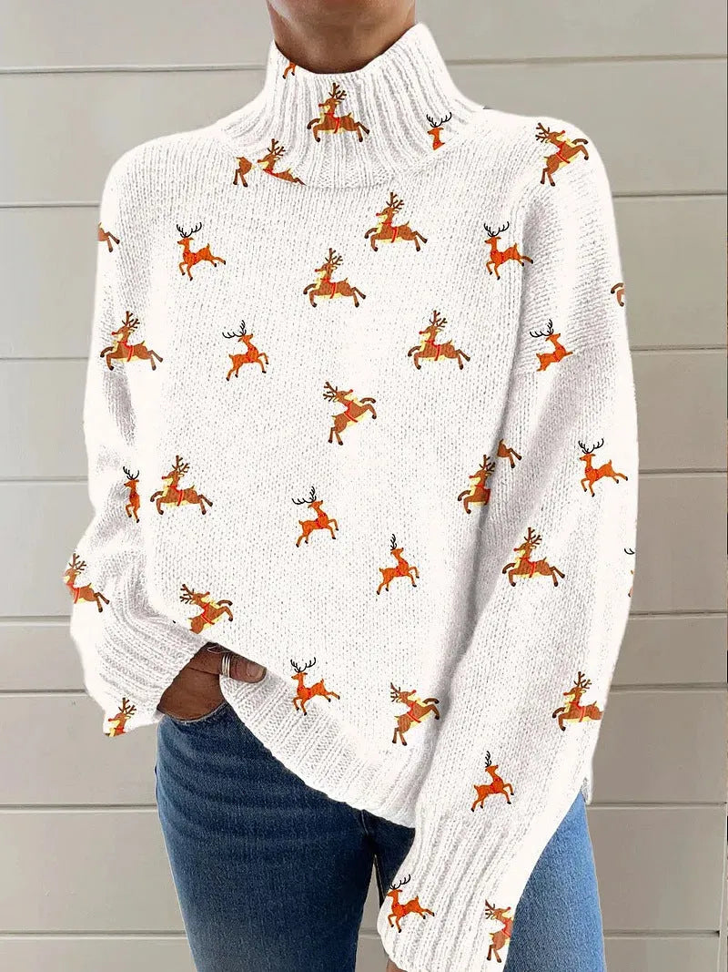 Women's Christmas printed turtleneck sweater with painting pattern in macaron colours, loose casual style