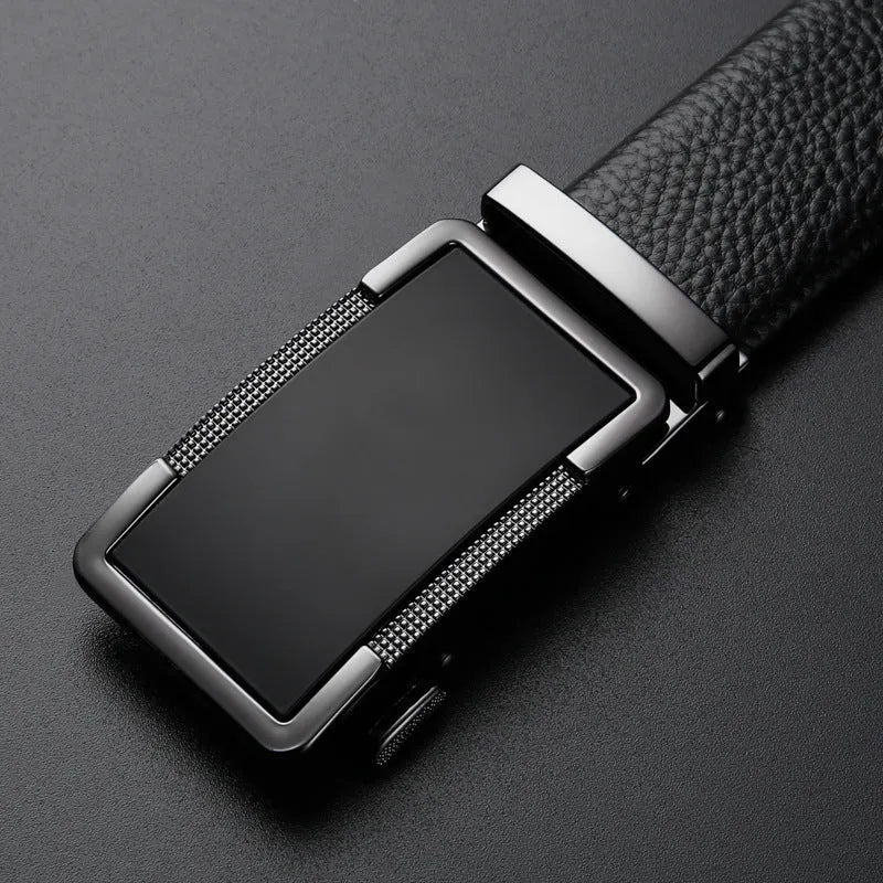 Men's leather belt with an automatic alloy buckle in gun black, silver, or gold colour, showing length adjustment.