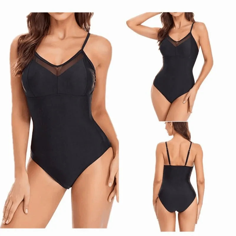 Ladies solid colour one-piece swimsuit with backless mesh design in black or blue.