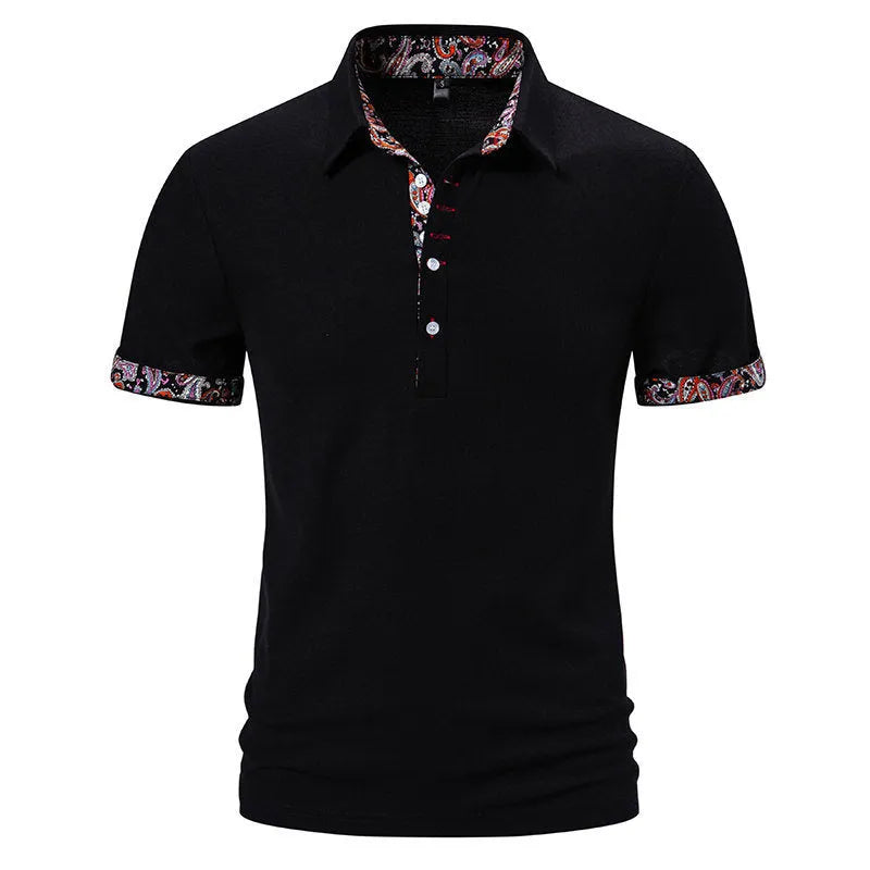Men's short sleeve polo shirt in cotton blend fabric, showing turnover collar, available in white, black, and navy blue.