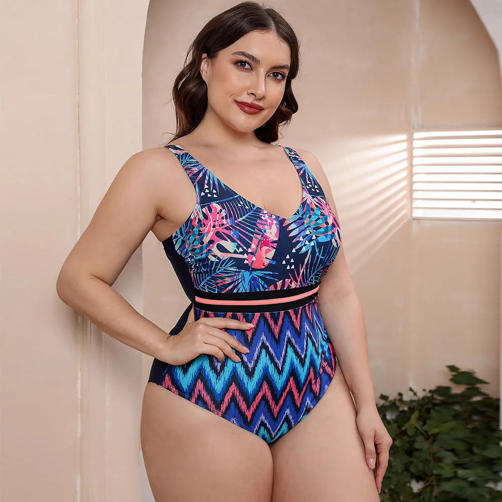 Women's printed one-piece swimsuit with spaghetti straps and striped vest design in blue pattern