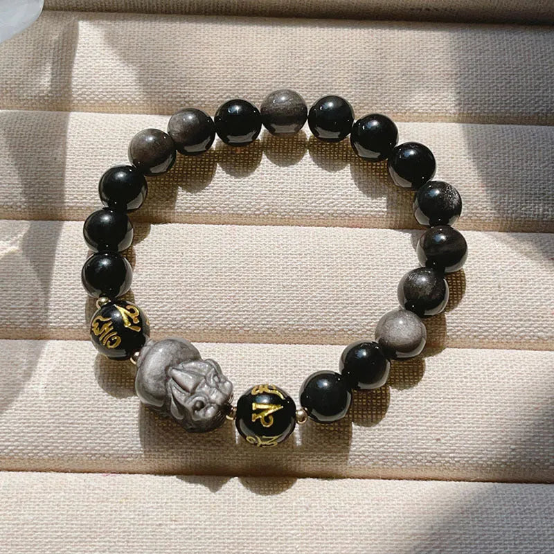 Silverstone beaded bracelet for men with engraved Six Words Proverbs, Chinese style design.