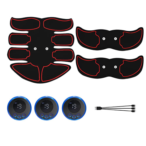 Abdominal muscle stimulator patch set with digital display and blue, red, yellow edge colour options