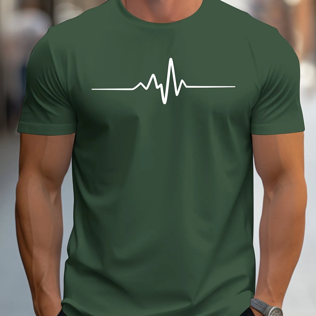 Men's loose fit short sleeve sports T-shirt on a hanger, showing thin polyester fabric.