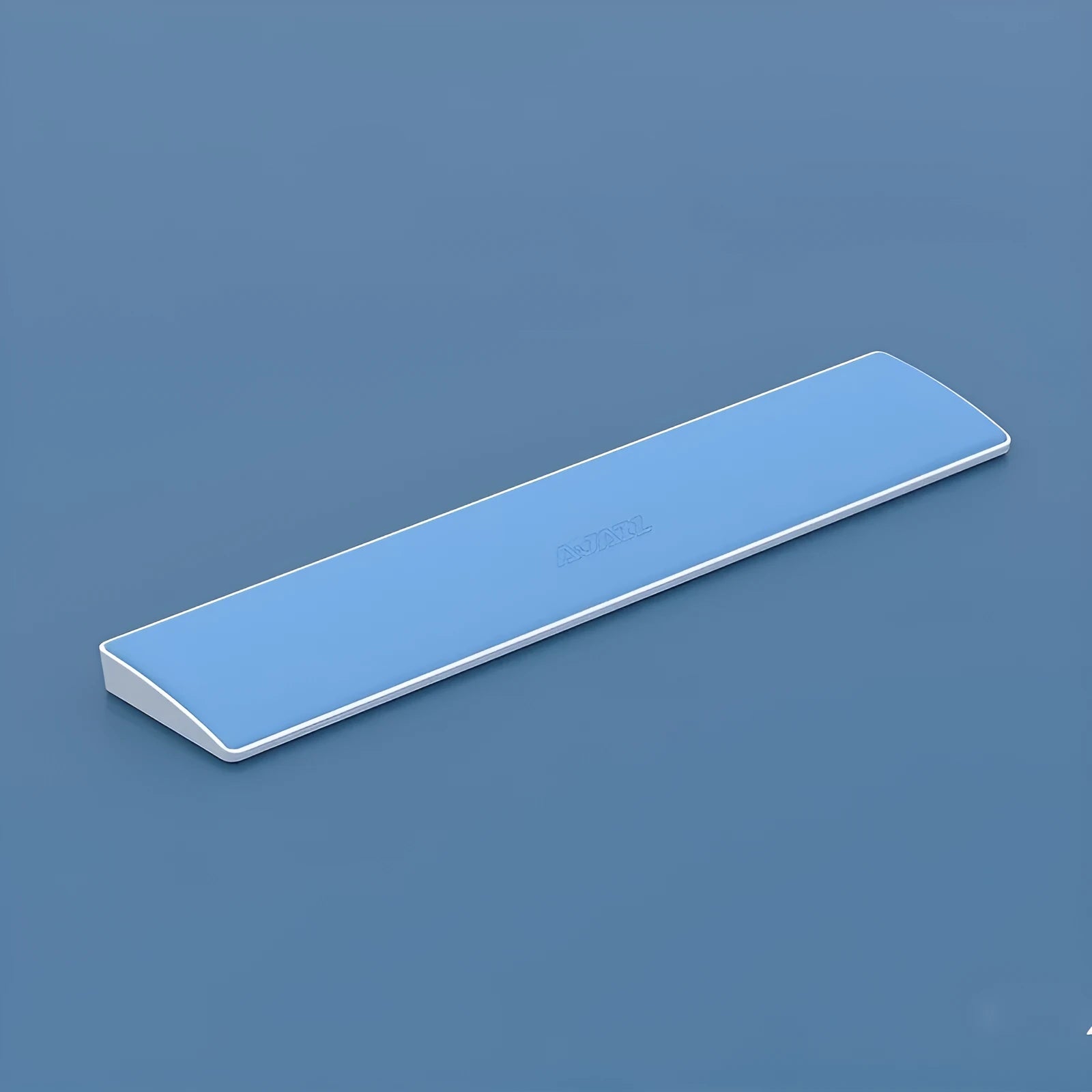 Black memory foam keyboard wrist rest for a 104-key gaming keyboard on a desktop.