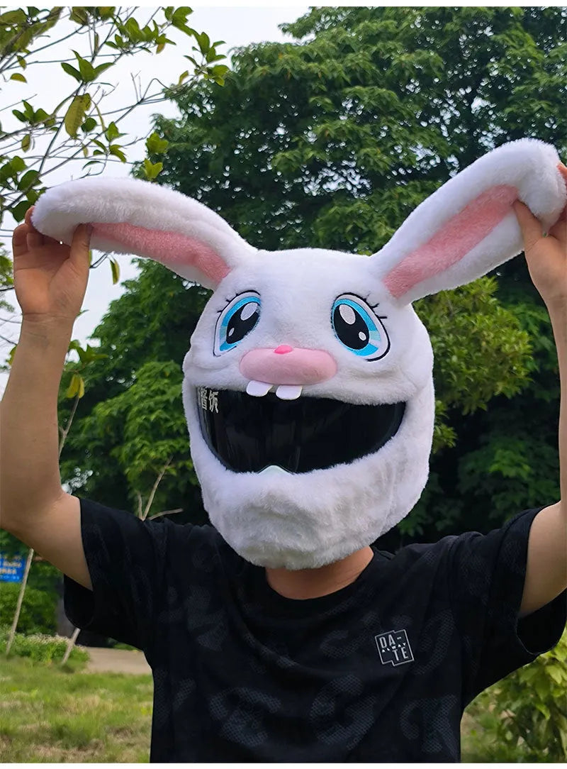 White rabbit head decorative cover for motorcycle helmet with long ears