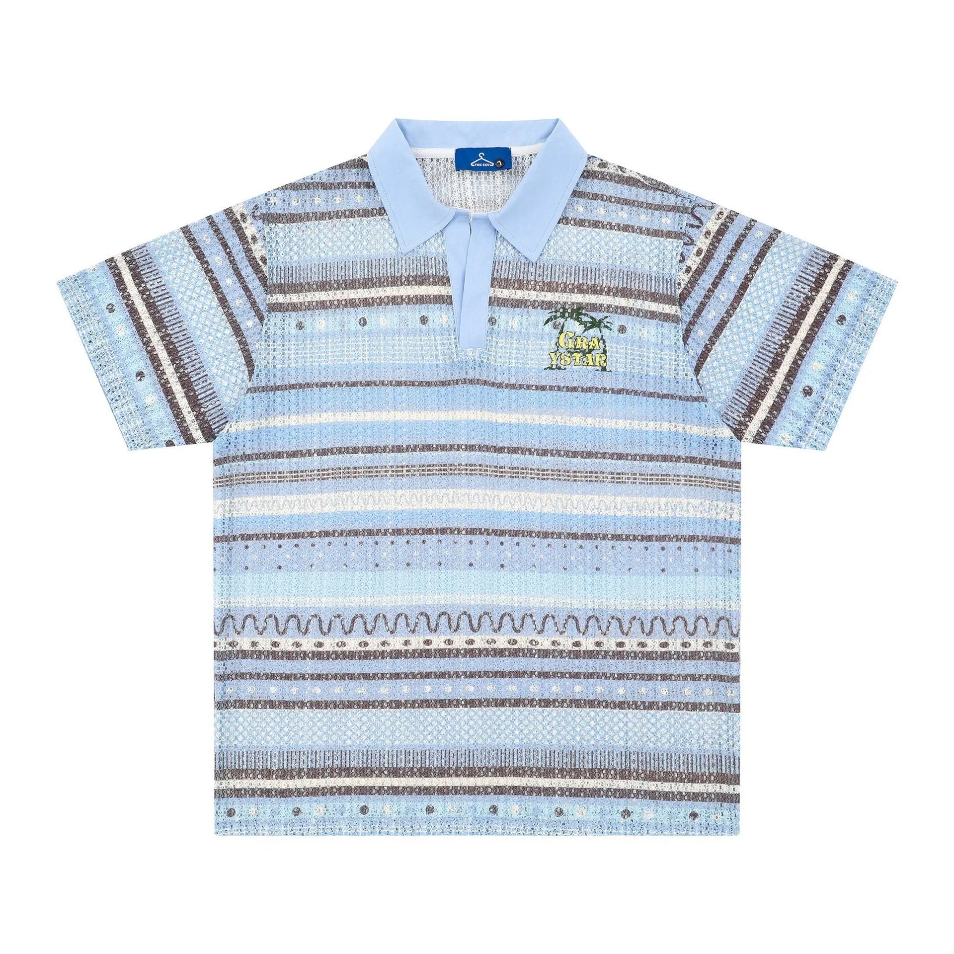 Man wearing a blue loose-fit printed casual short sleeve shirt made from elastic polyester fabric.