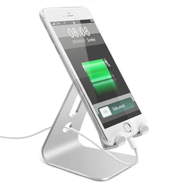Aluminium universal phone holder in silver colour showing 360-degree rotation feature with tablet mounted