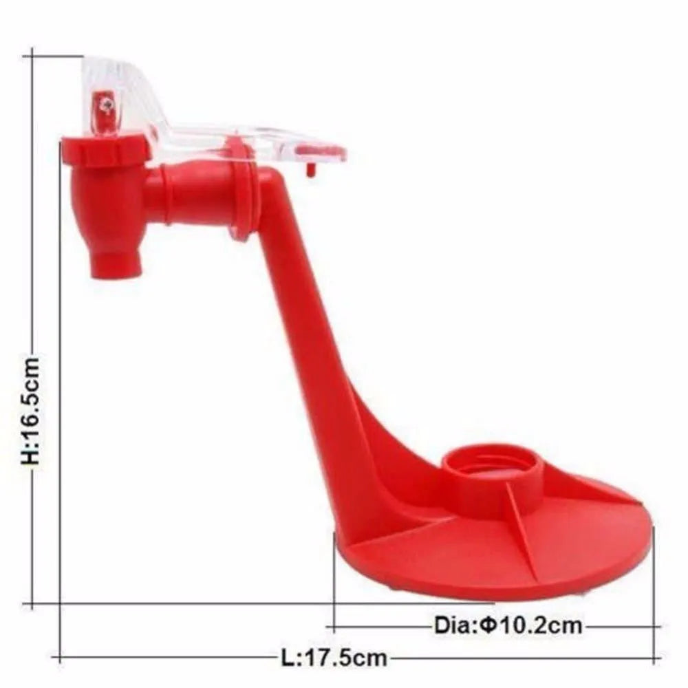 Red plastic soda dispenser attached to inverted 2-litre bottle for push-button drink serving