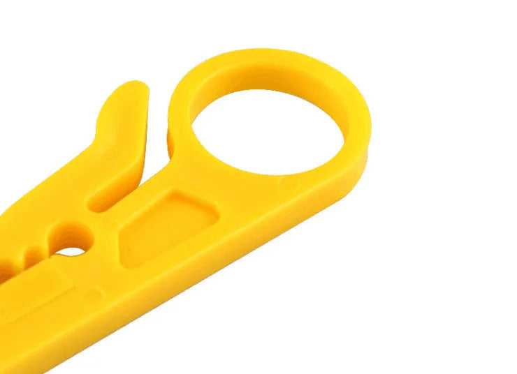 Yellow portable wire stripper tool with metal snap-in frame, showing 0.6 mm stripping diameter for network cables.