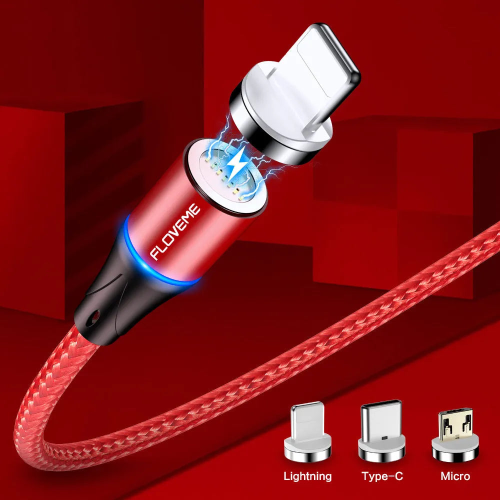 A black magnetic fast-charge data cable with LED light on the connector, next to a smartphone.