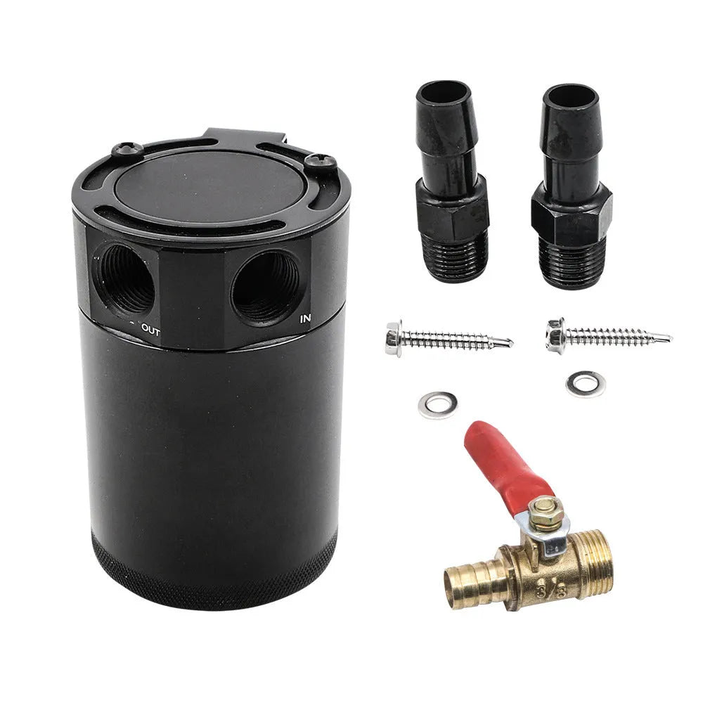 Black aluminium automotive oil pot with two-hole breathable design and connector fittings