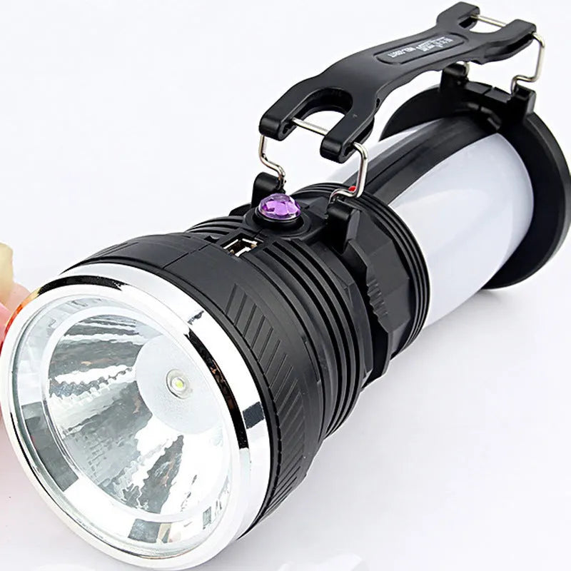 Black solar charging LED emergency flashlight body with 800mAh battery capacity and USB port for outdoor camping and hiking use