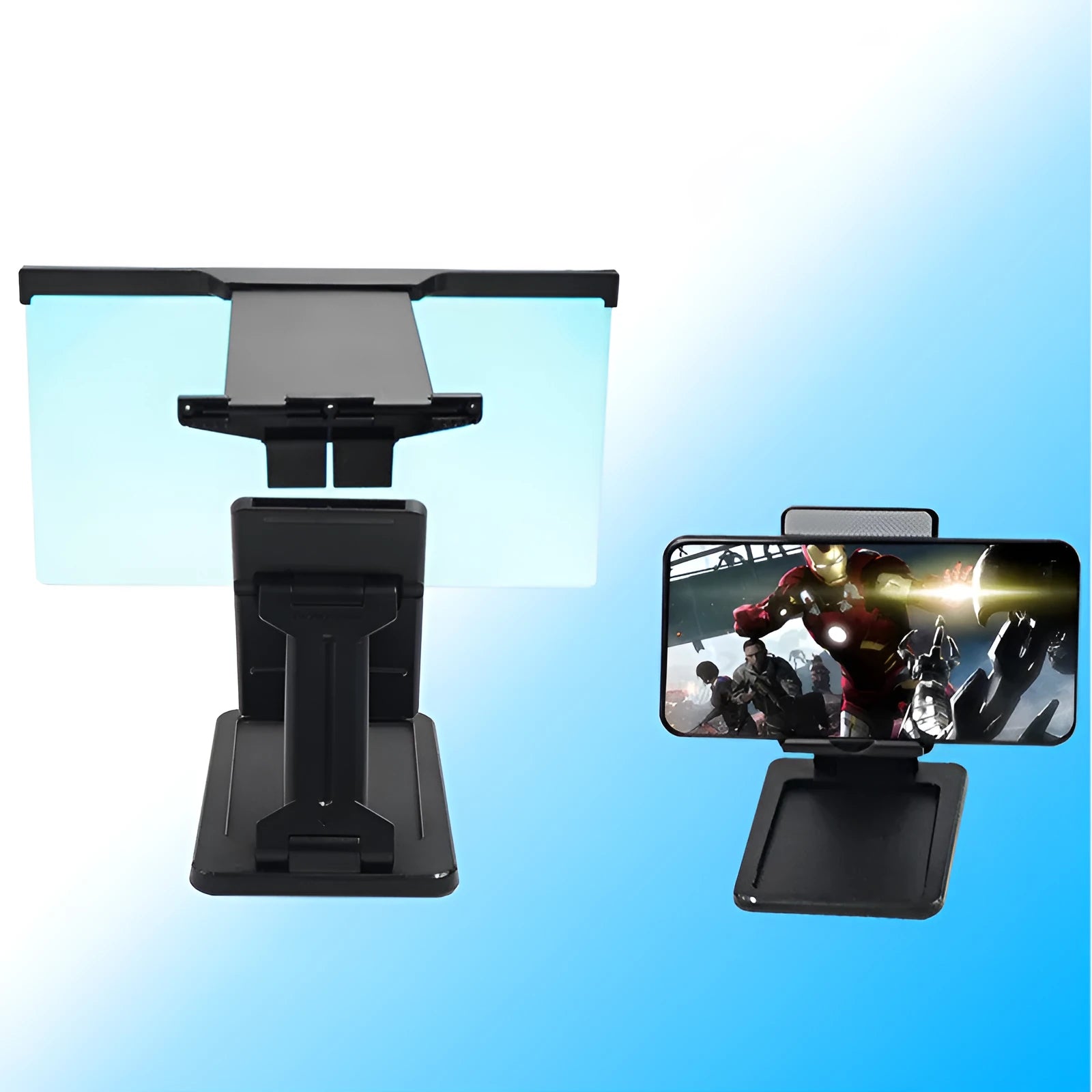 Black L20 split mobile phone screen magnifier with acrylic lens and separate support bracket on a table.